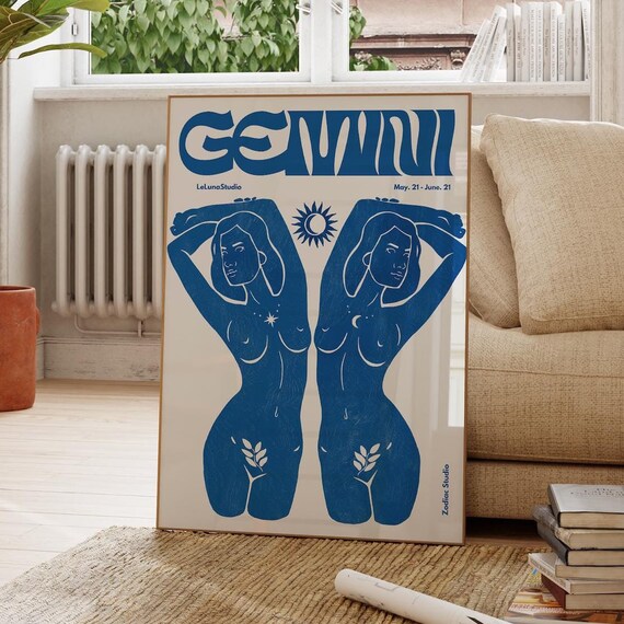 Blue Retro Gemini Astrology Art Print, Zodiac