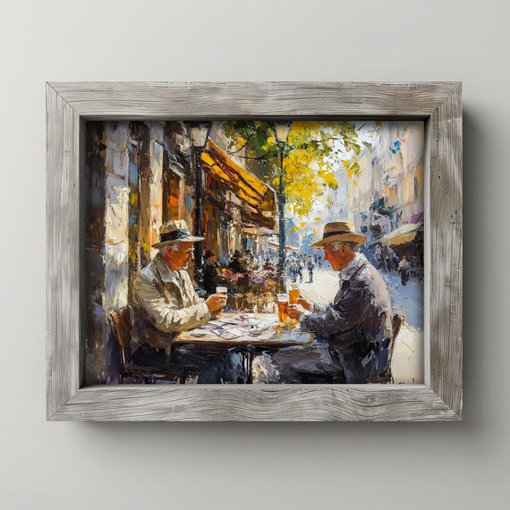 Two Friends at a Paris Cafe Oil Painting Nostalgic Street Scene Poster