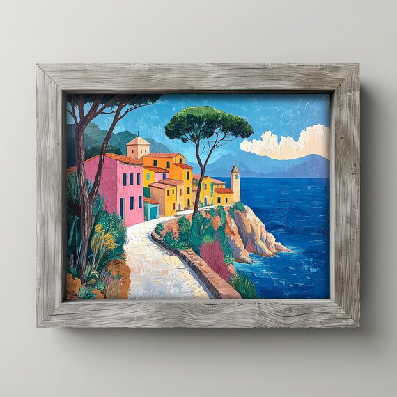 Mediterranean Cliffside Village Oil Painting Colorful Coastal Poster