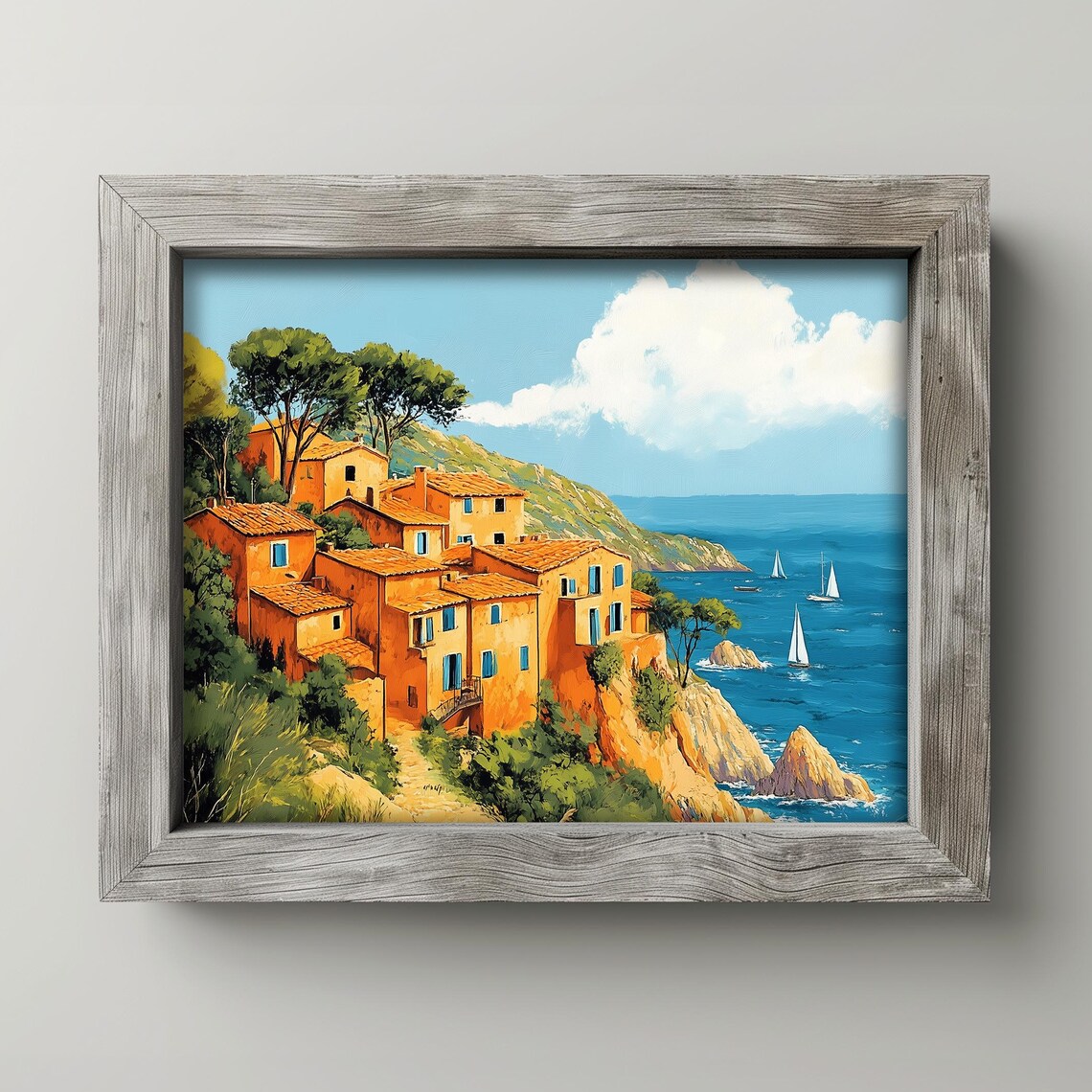 Terracotta Cliffside Village Above the Sea Sailboats Coastal Art Print