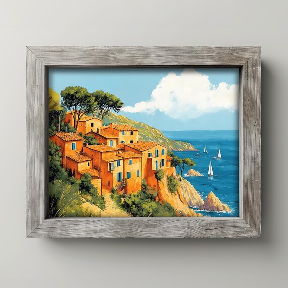 Terracotta Cliffside Village Above the Sea Sailboats Coastal Art Print