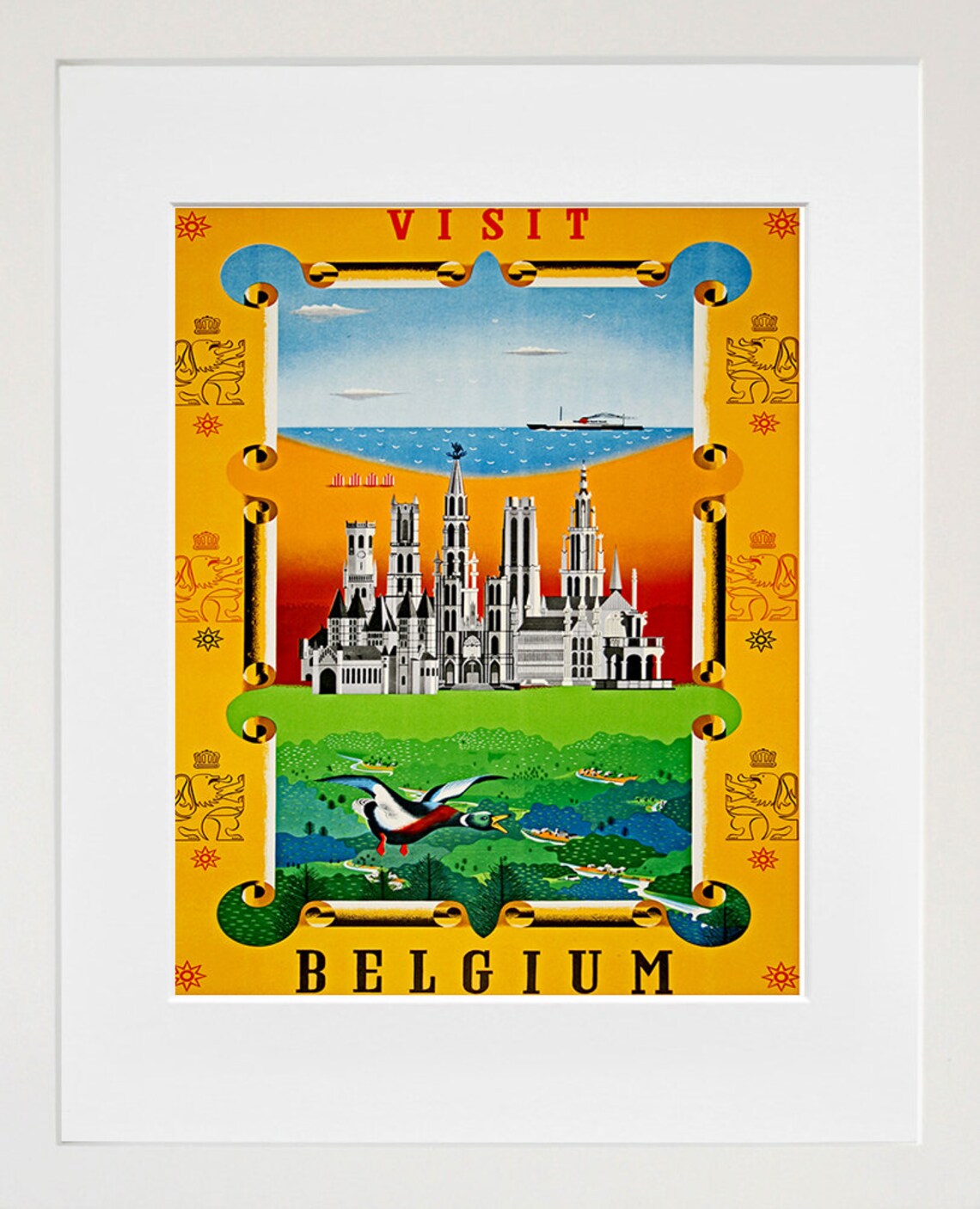 Visit Belgium Golden Ornate Vintage European Travel Tourism Poster
