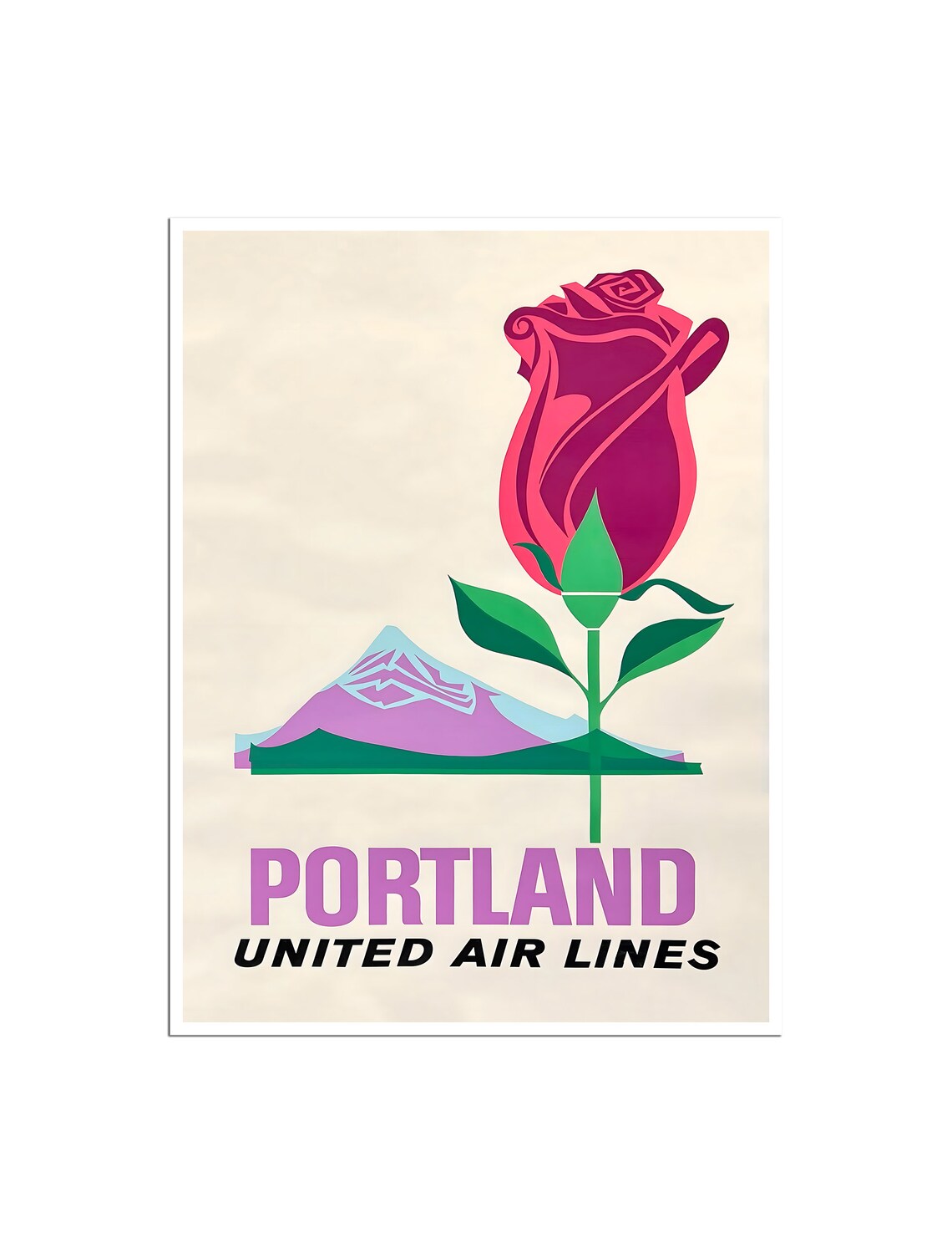 Portland Oregon Rose Mount Hood Vintage United Airlines Travel Poster