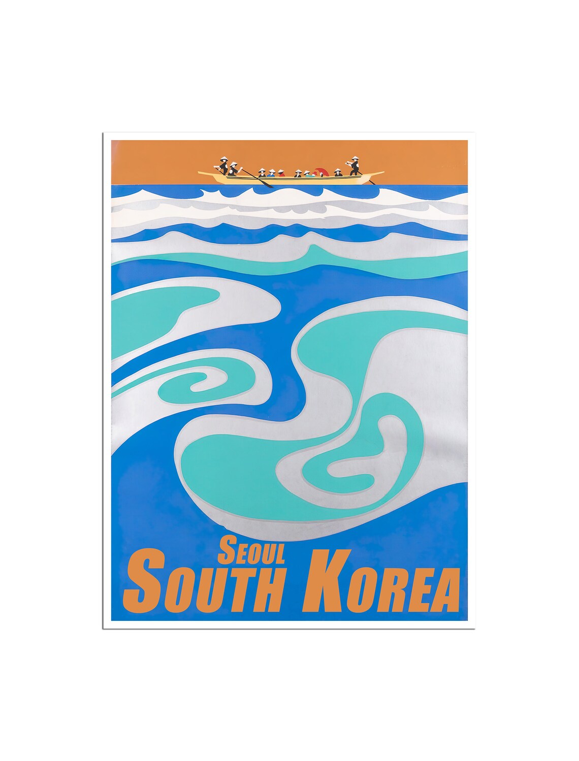 Seoul South Korea Vintage Blue Wave Boat Retro Travel Poster