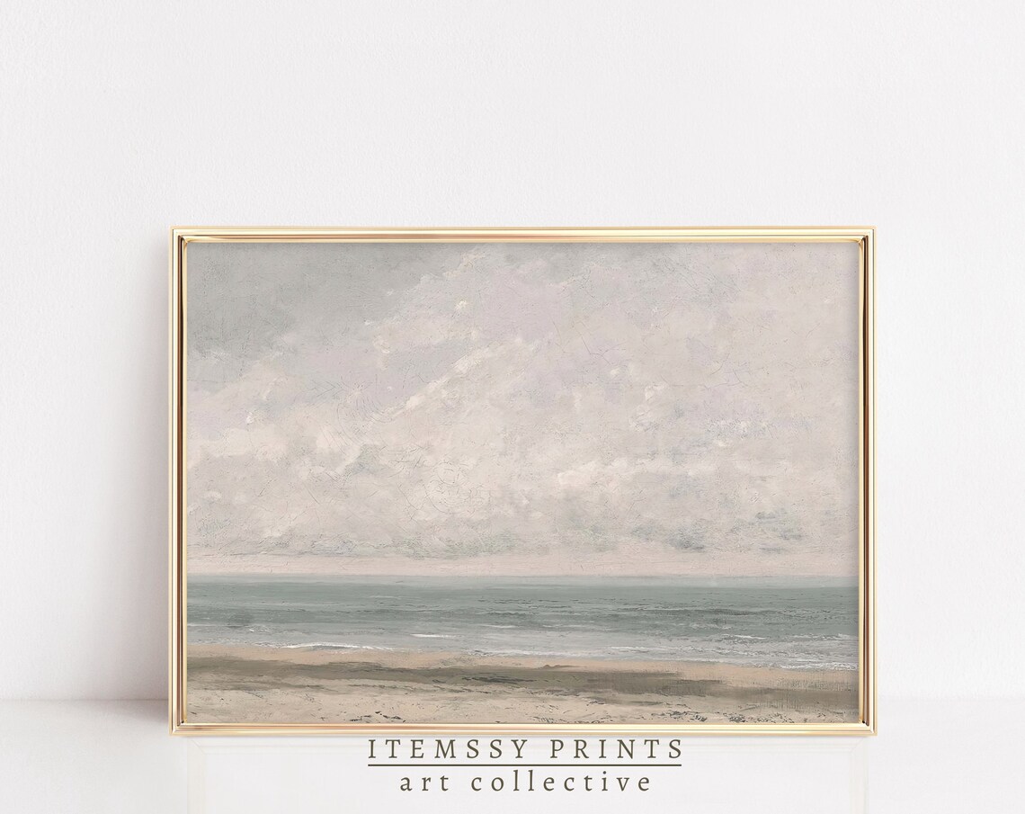 Vintage Seascape Painting Muted Ocean Beach Soft Gray Sky Coastal Poster