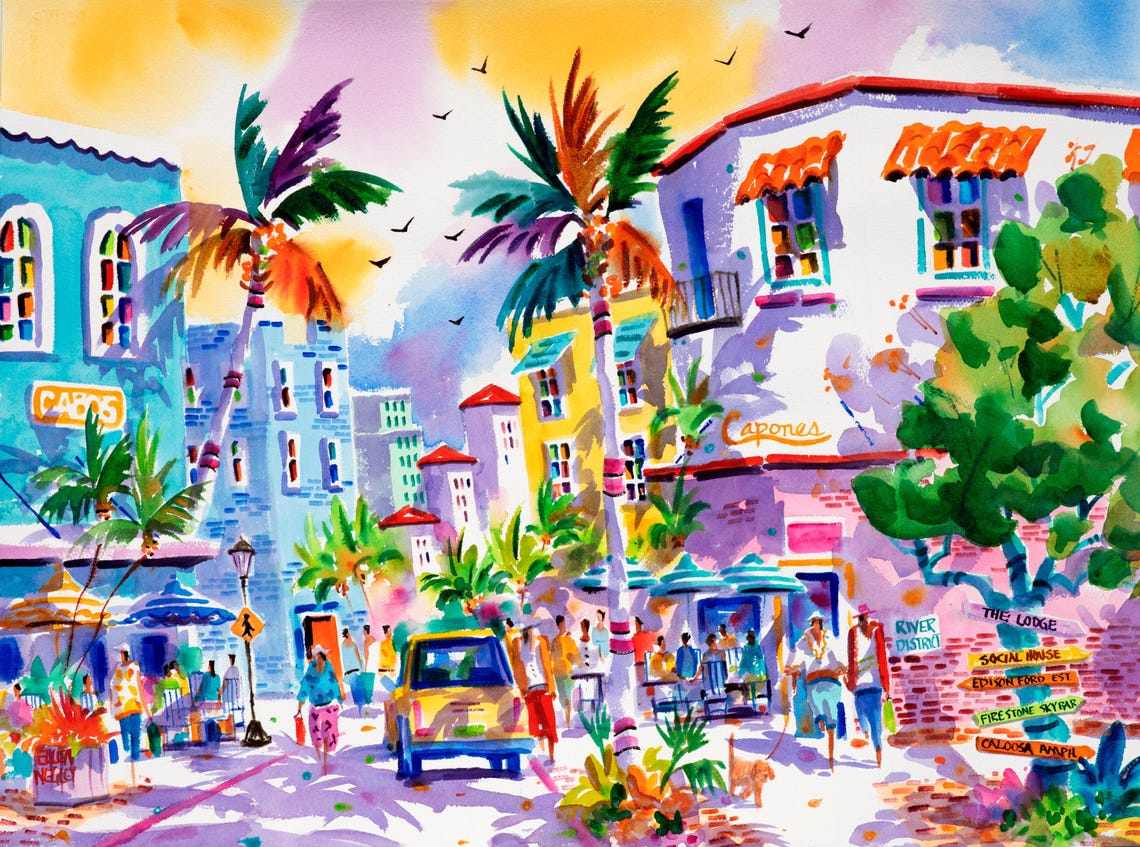 Fort Myers River District Street Scene with Shops and Palms Poster