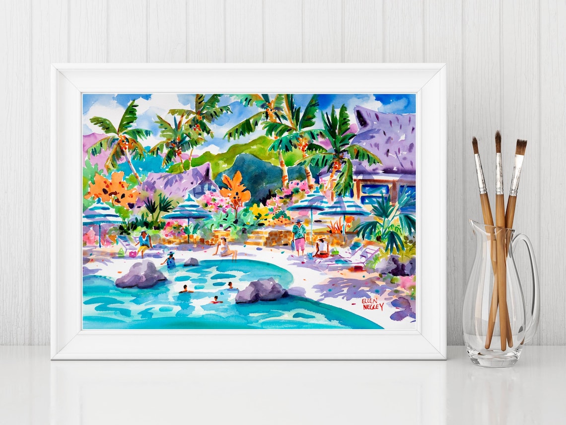 Tropical Resort Swimming Pool with Palm Trees Watercolor Poster - Image 3