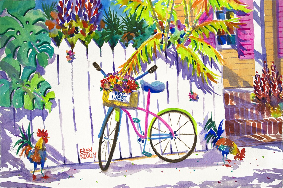 Key West Bicycle and Chicken Watercolor Art Print