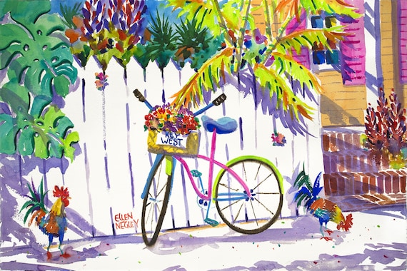 Key West Bicycle and Chicken Watercolor Art Print