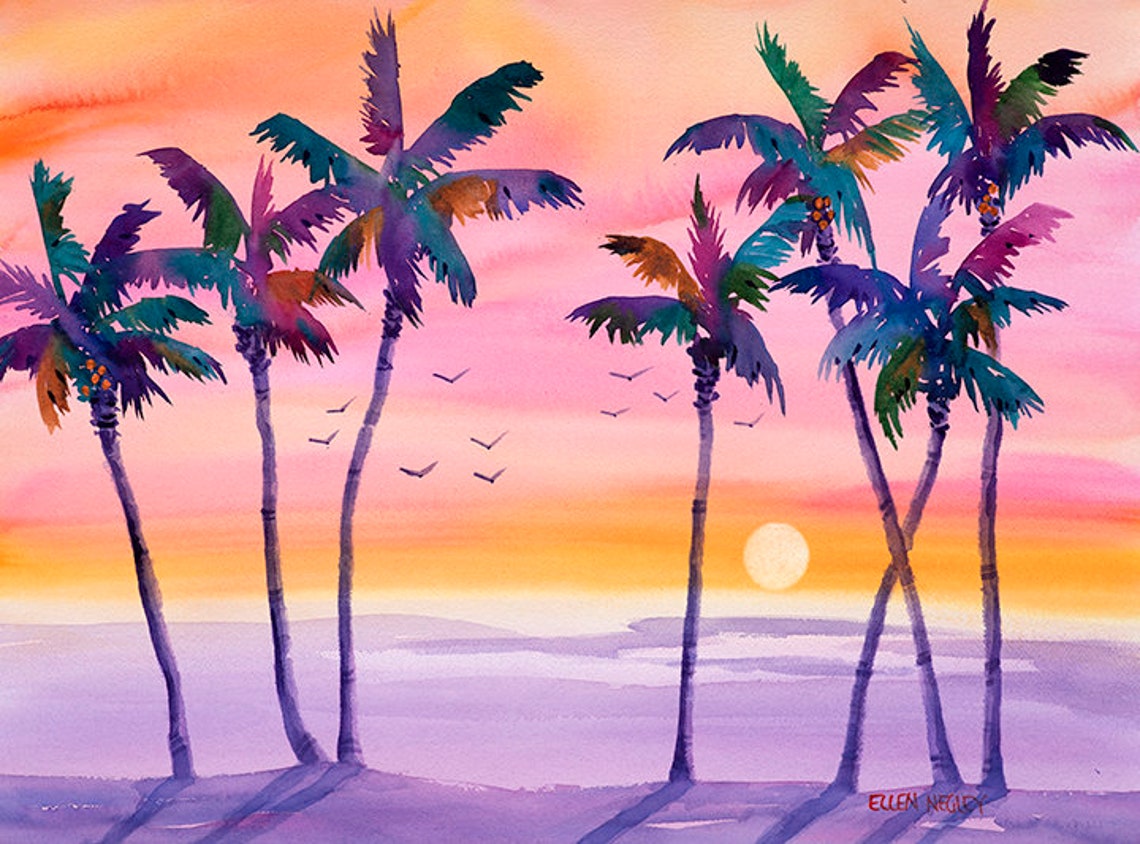 Sunset Palm Tree Silhouettes Over a Calm Ocean Horizon Poster