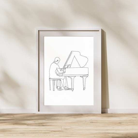 Minimalist Pianist at Grand Piano Continuous Line Drawing Art Poster