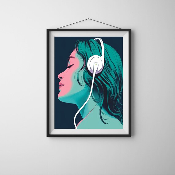 Pop Art Woman Profile Headphones Neon Pink Teal Music Poster