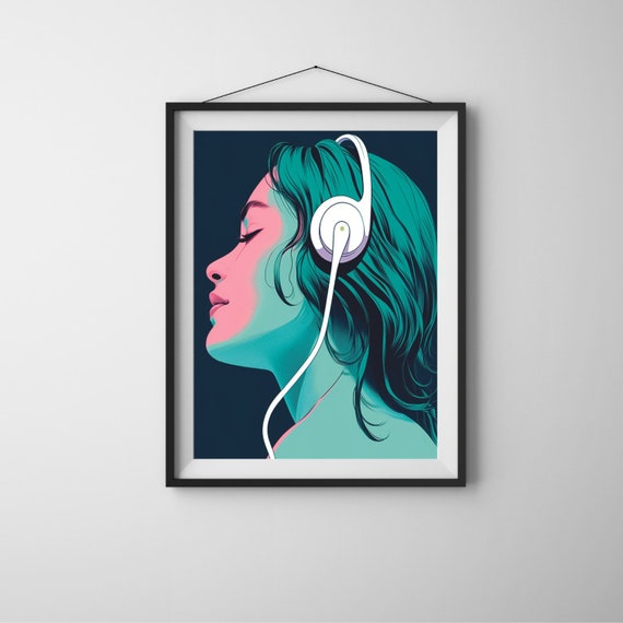Woman Listening Music Wall Art Girl To Gift For Lovers With Headphones Print