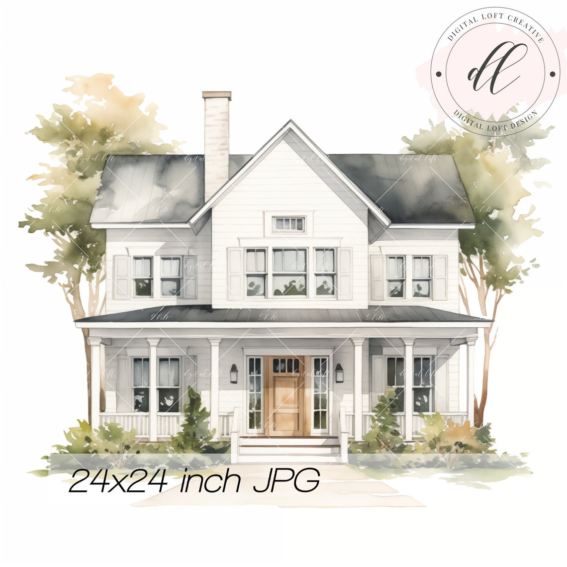 Watercolor Modern Farmhouse Custom Home Portrait Neutral Wall Art Personalized Gift Housewarming Present