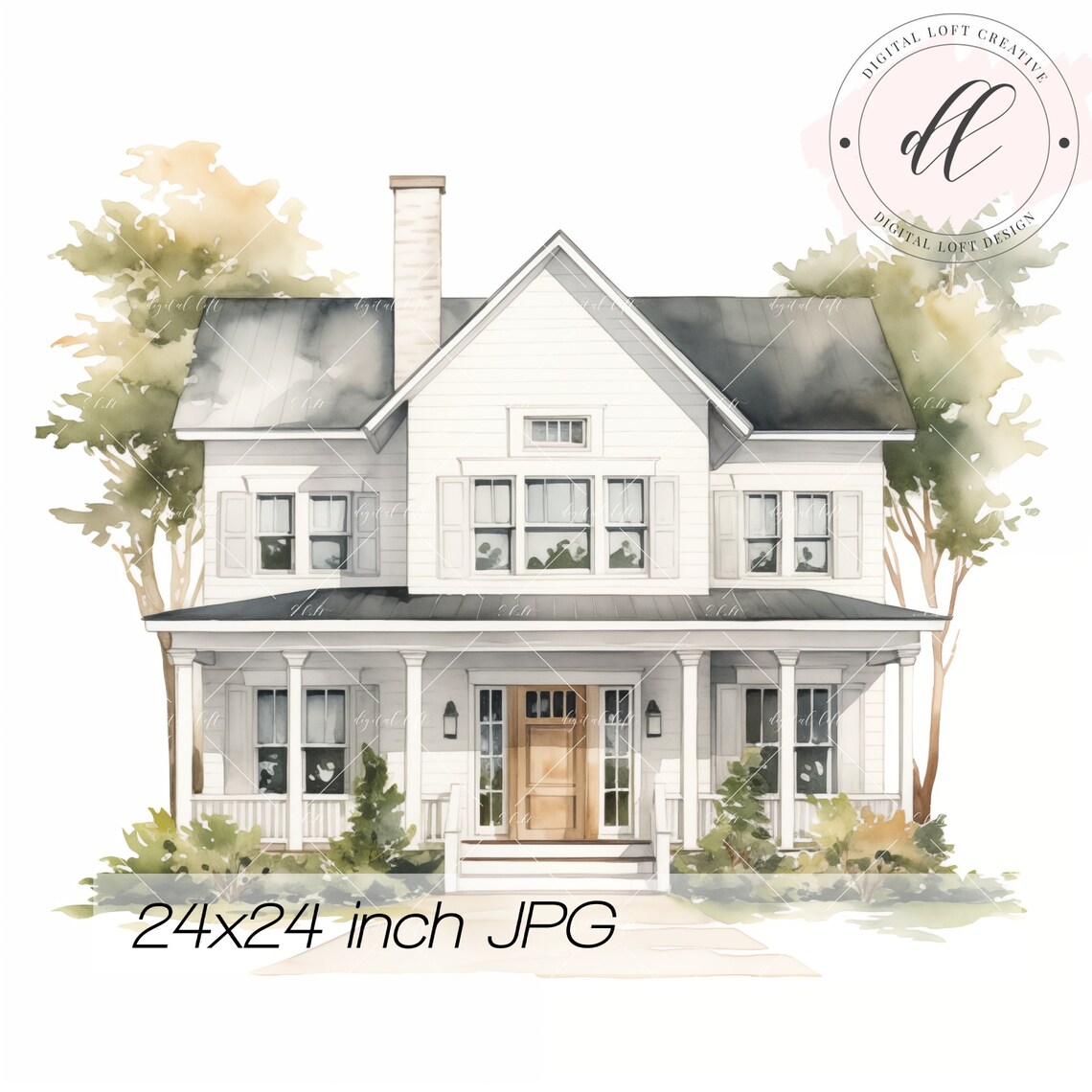 Watercolor White Farmhouse with Porch Countryside Home Poster