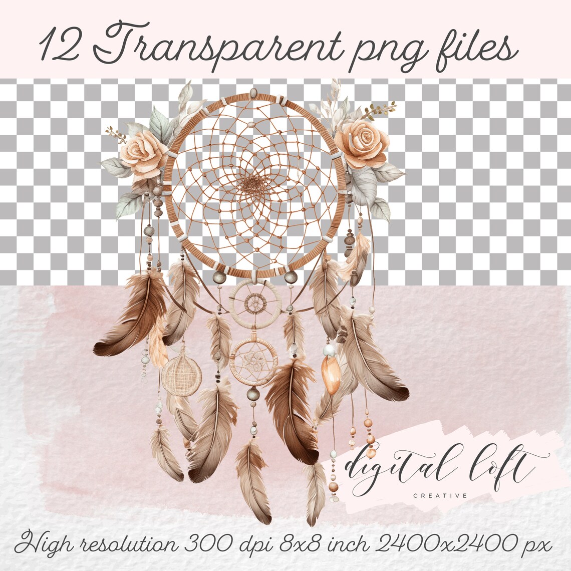 Boho Watercolor Dreamcatcher with Feathers and Beads Hanging Decor Poster - Image 2