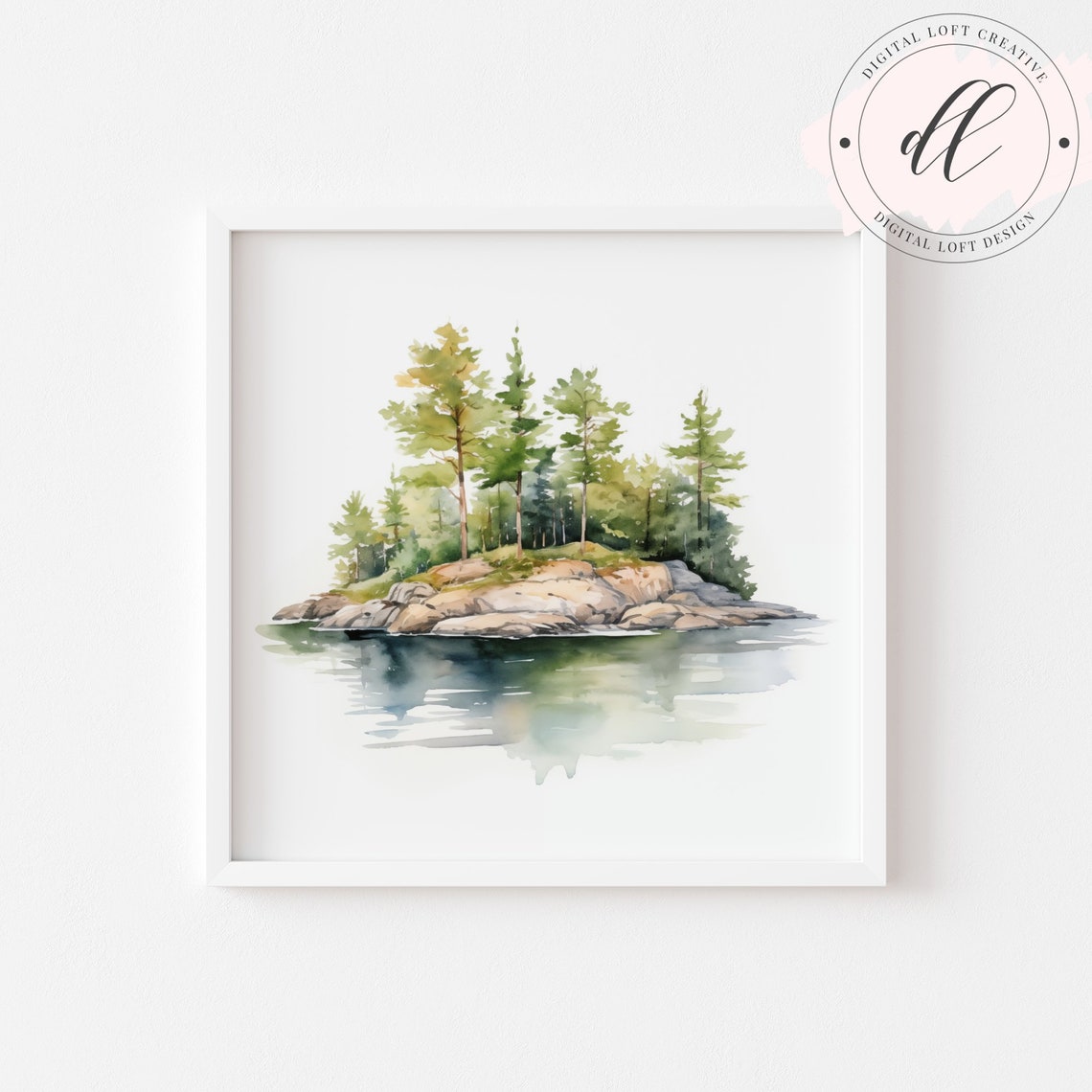 Pine Tree Island on Calm Lake Watercolor Nature Retreat Poster - Image 2