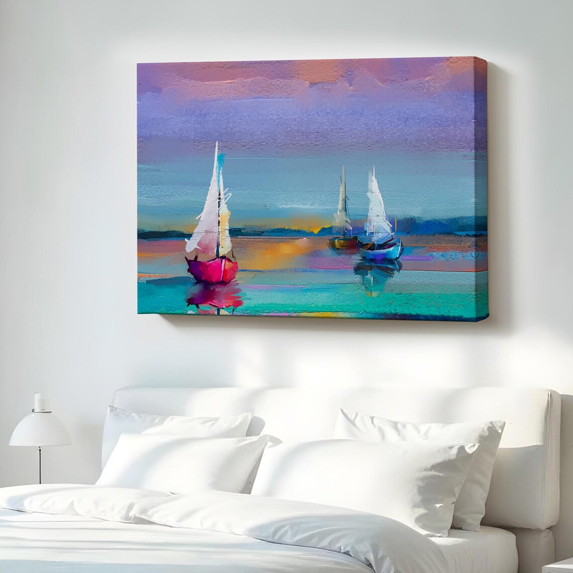 Colorful Sailboats On The Sea At Sunset Modern Oil Painting Ocean Poster