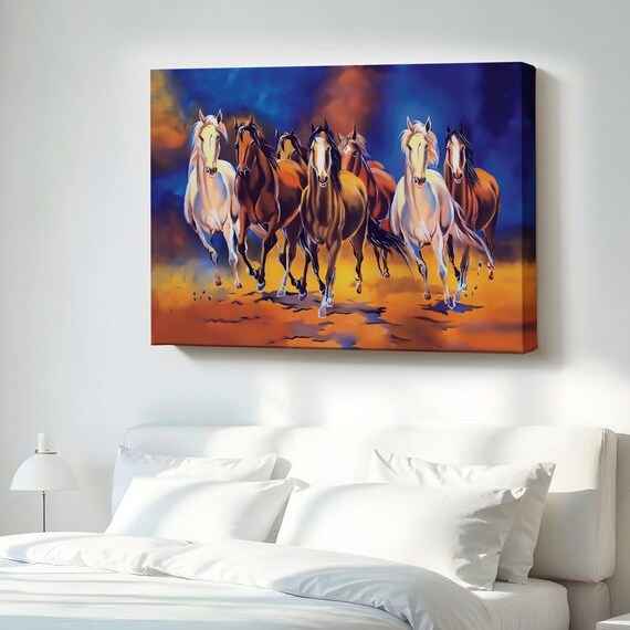 Seven Galloping Horses Sunset Oil Painting Style Wild Art Poster