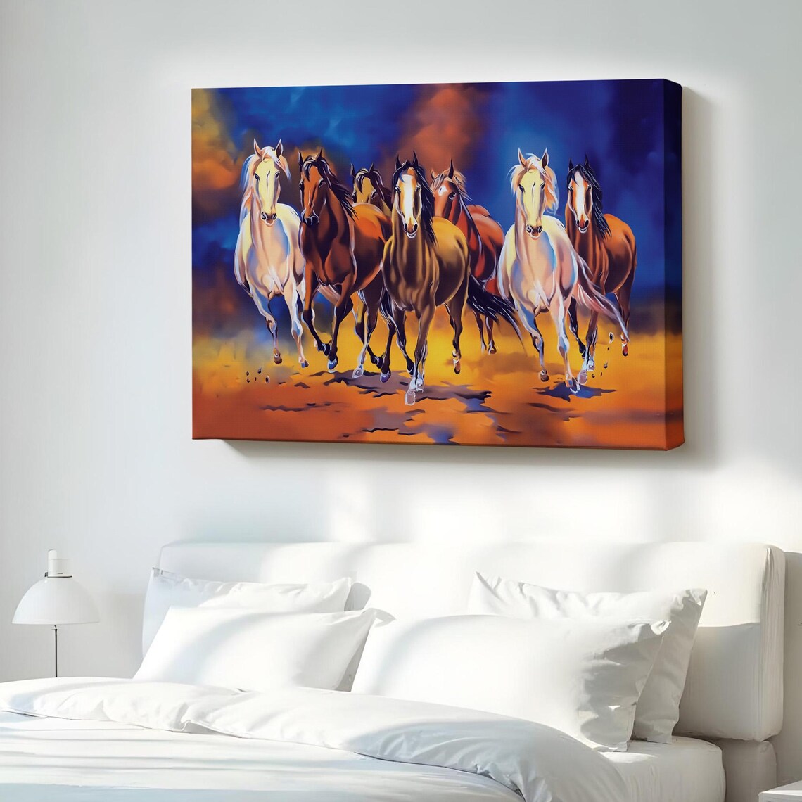 Seven Galloping Horses Sunset Oil Painting Style Wild Art Poster