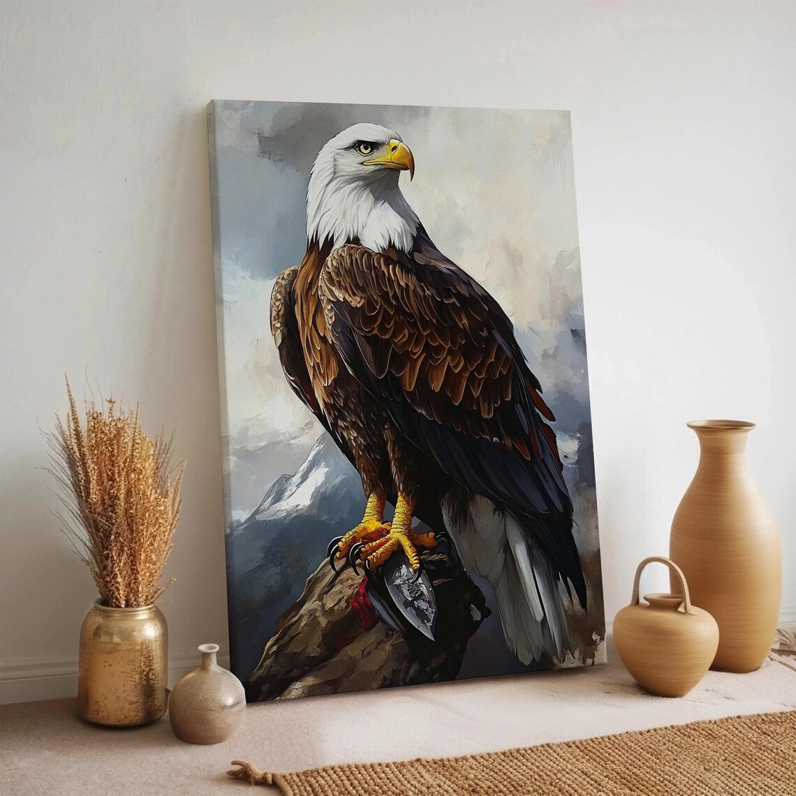 Bald Eagle With Fish Mountain Painting Majestic Wildlife Portrait Poster