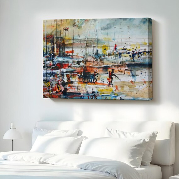 Abstract Marina Harbor With Sailboats Bold Brushwork Expressionist Canvas Print