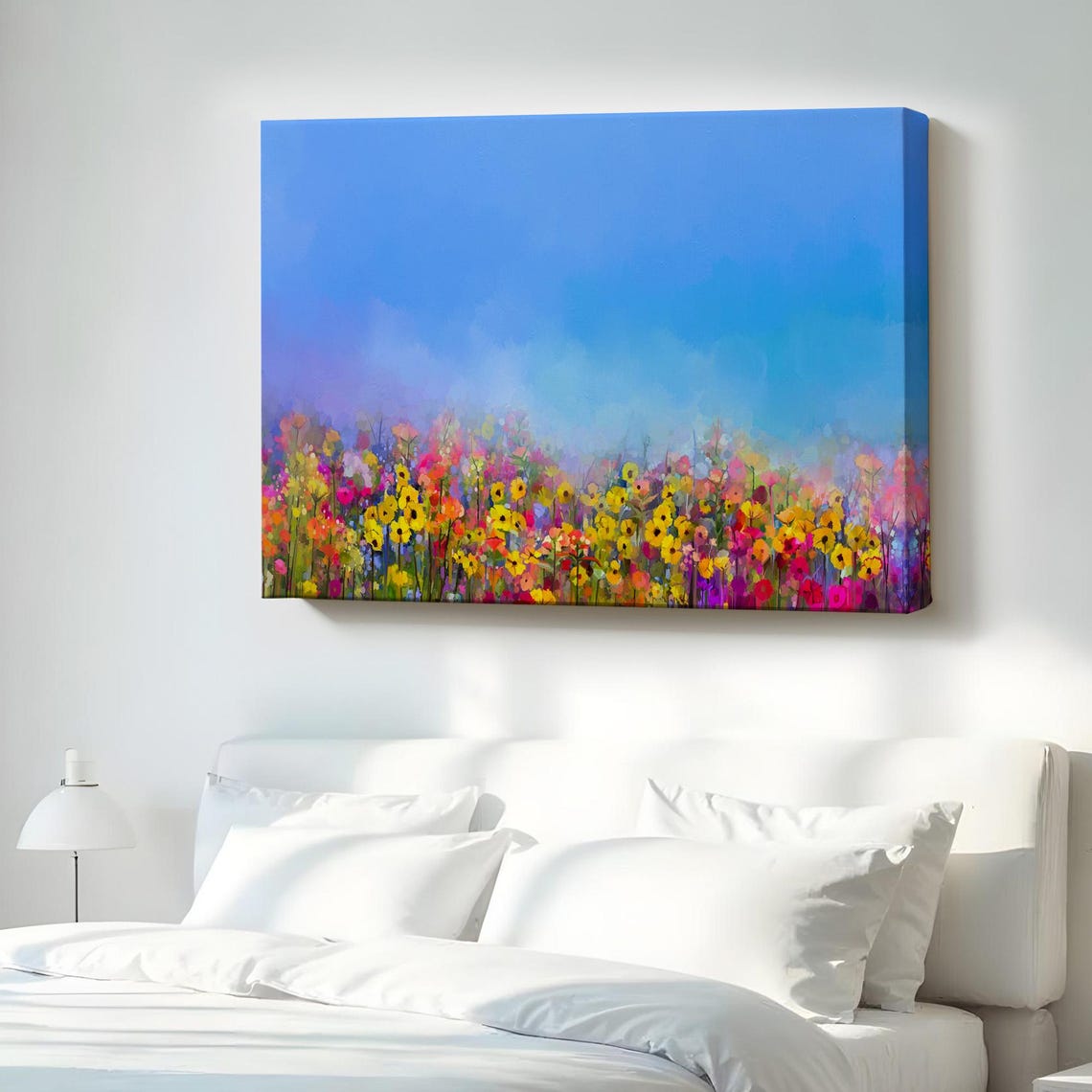 Colorful Wildflower Meadow Blue Sky Impressionist Canvas Wall Art