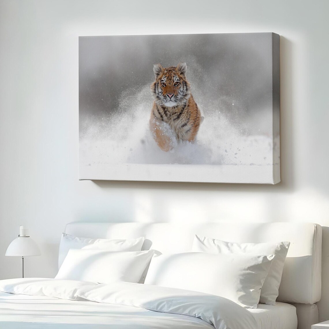 Tiger Cub Running in Snow Wildlife Photography Winter Animal Canvas Poster