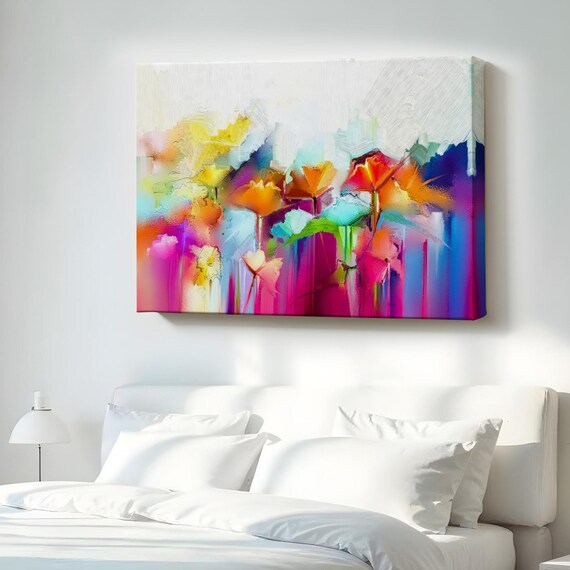 Vibrant Abstract Colorful Flowers Neon Blooms Modern Floral Canvas Art Poster