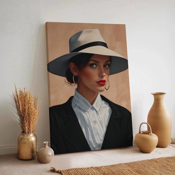 Elegant Woman Hat Portrait Stylish Modern Fashion Lady Wall Art