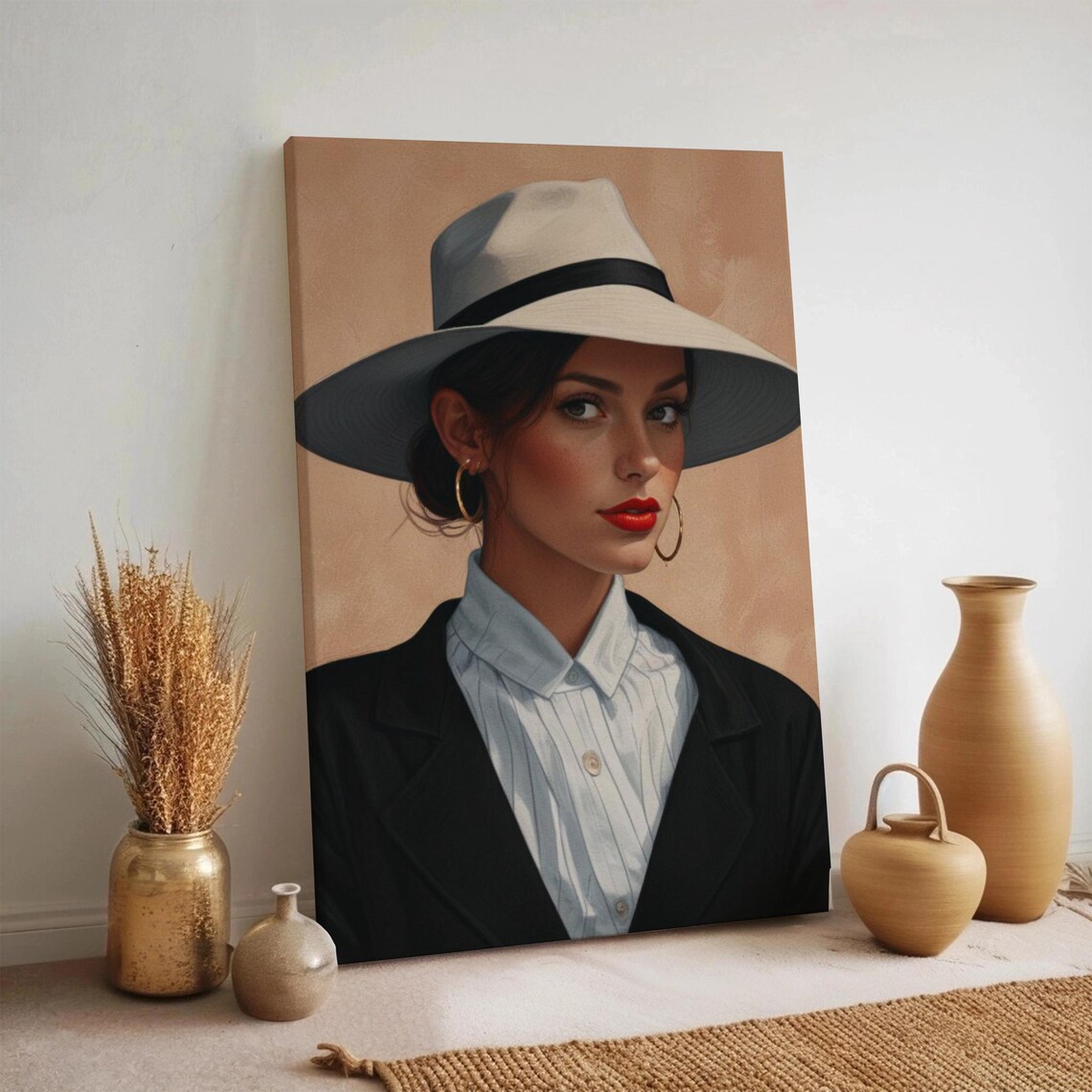 Elegant Woman Hat Portrait Stylish Modern Fashion Lady Wall Art
