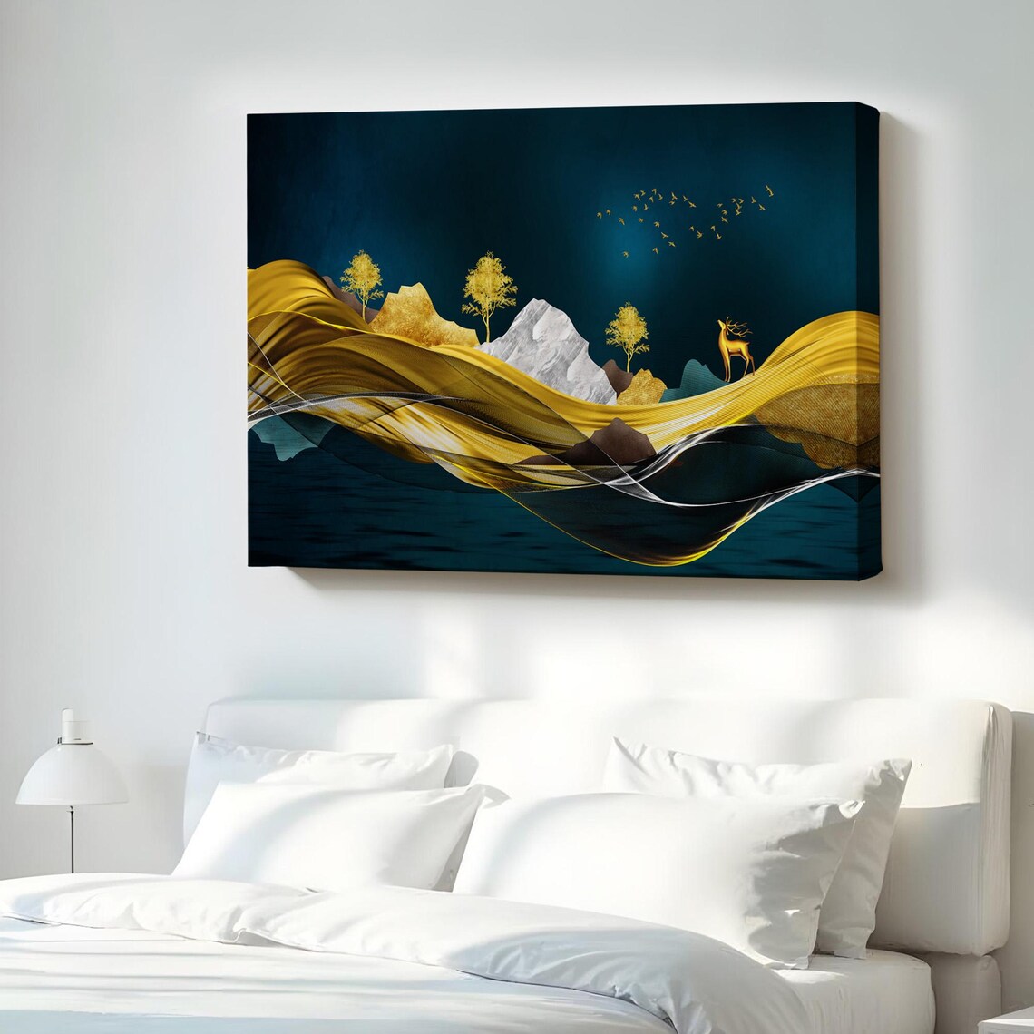 Golden Mountains Deer Abstract Landscape Navy Gold Oil Painting Wall Art