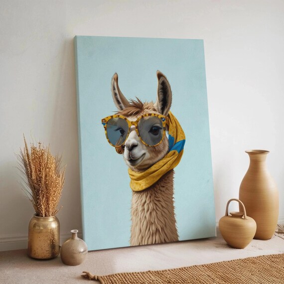 Cool Llama Canvas Wall Art Funny Animal Portrait Sunglasses Quirky Yellow Scarf Decor Modern Cute Alpaca Framed Room Artwork