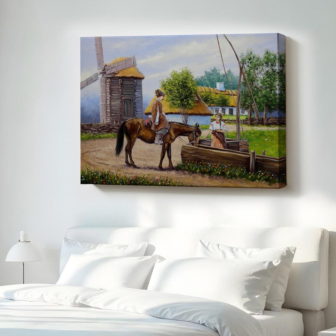 Vintage Village Windmill Horse Oil Painting Rustic Countryside Wall Art