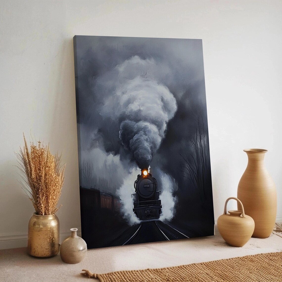 Steam Train Vintage Locomotive Moody Railway Night Painting Poster