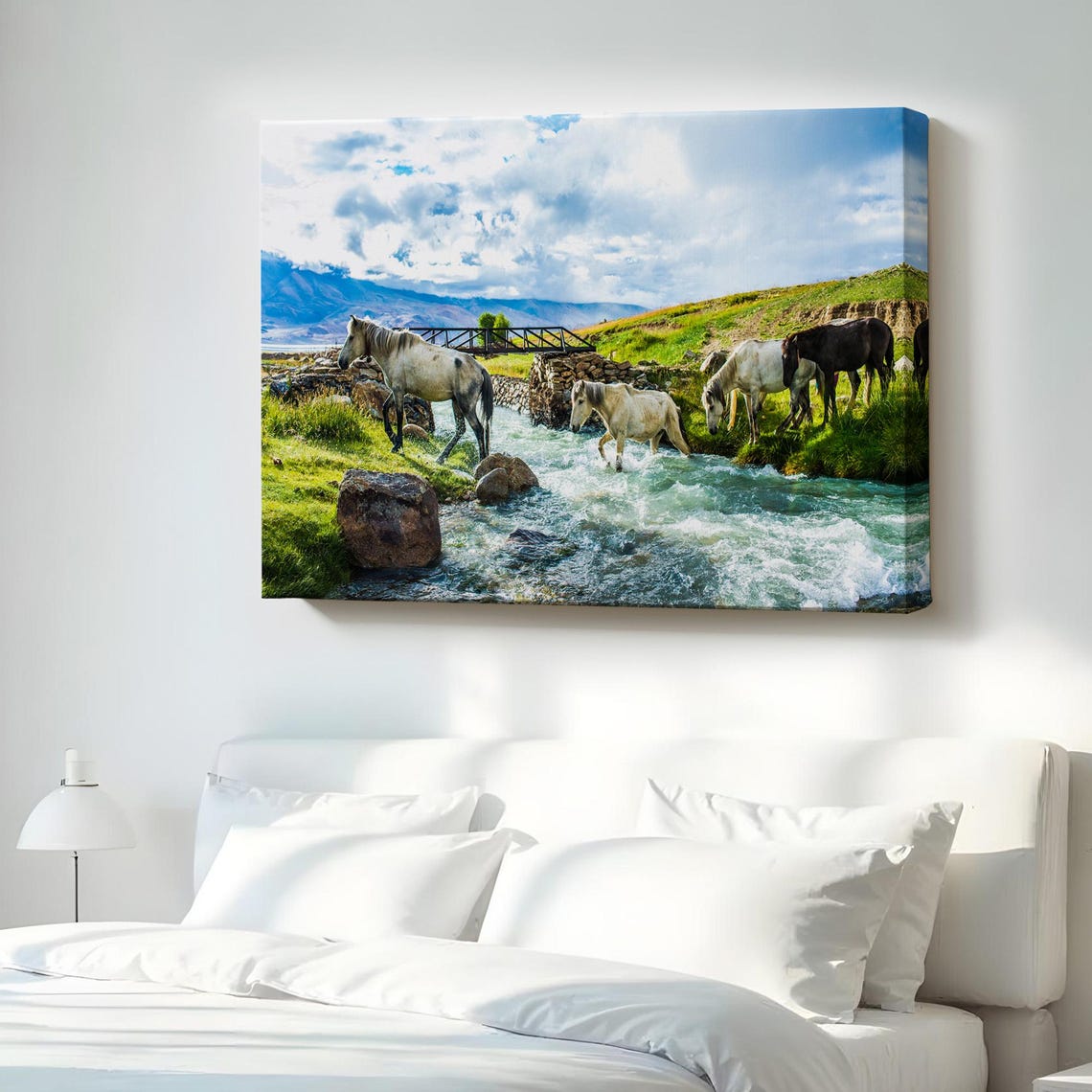 Horses Crossing Mountain River Wild Landscape Nature Wall Poster Art