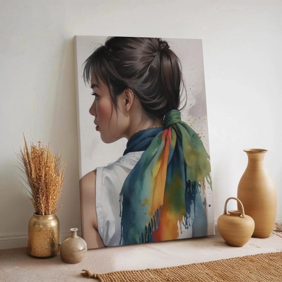 Realistic Girl Portrait Canvas Colorful Scarf Wall Art Watercolor Style Female Print Modern Woman Profile Framed Multiple Sizes