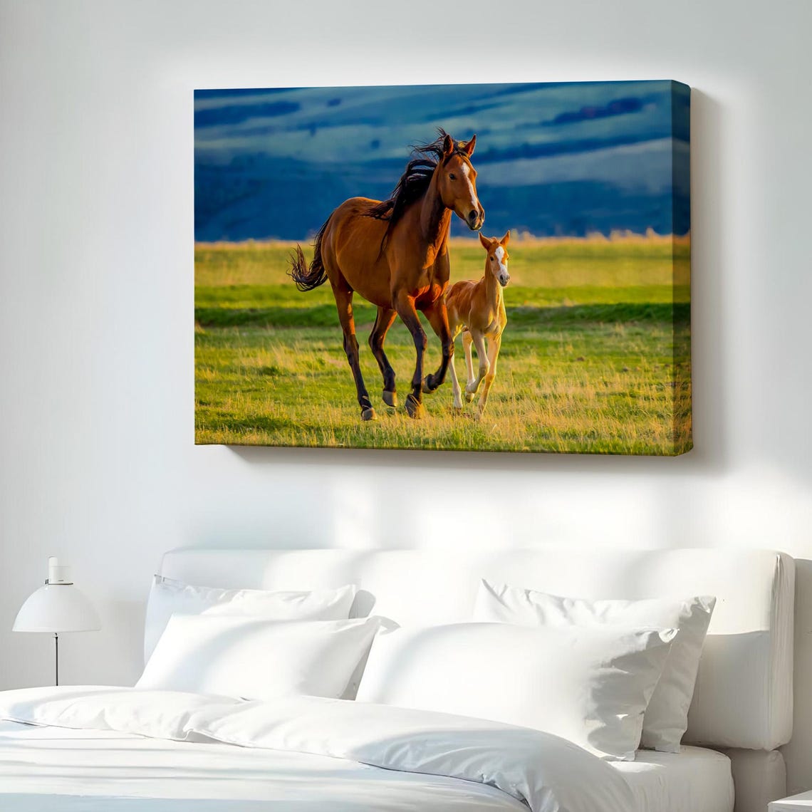 Mare And Foal Running Wild Meadow Sunset Wildlife Canvas Print