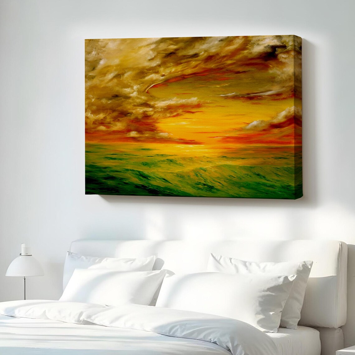Golden Sunset Over Green Ocean Waves Oil Painting Dramatic Seascape Poster