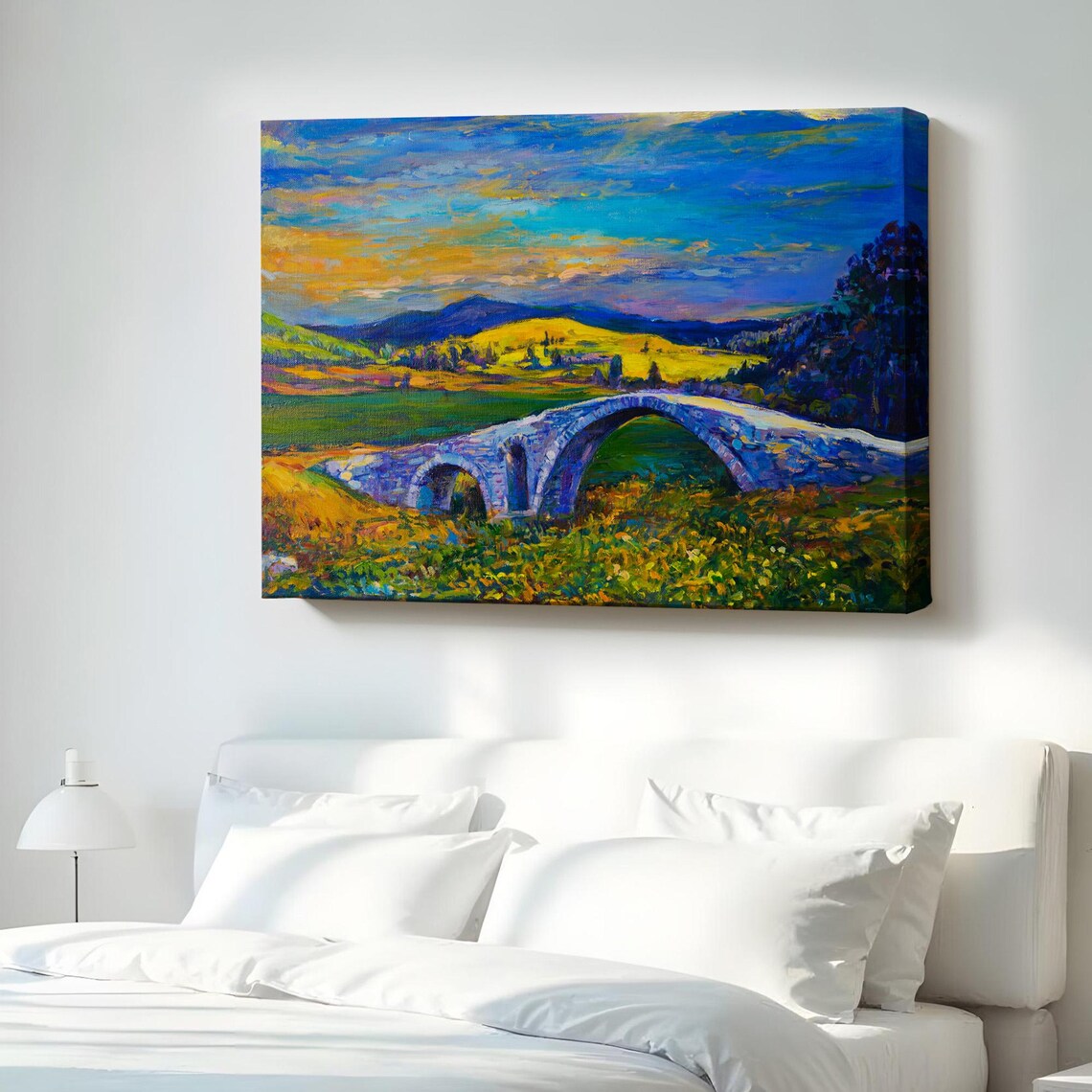 Stone Bridge Sunset Countryside Impressionist Landscape Oil Painting Poster