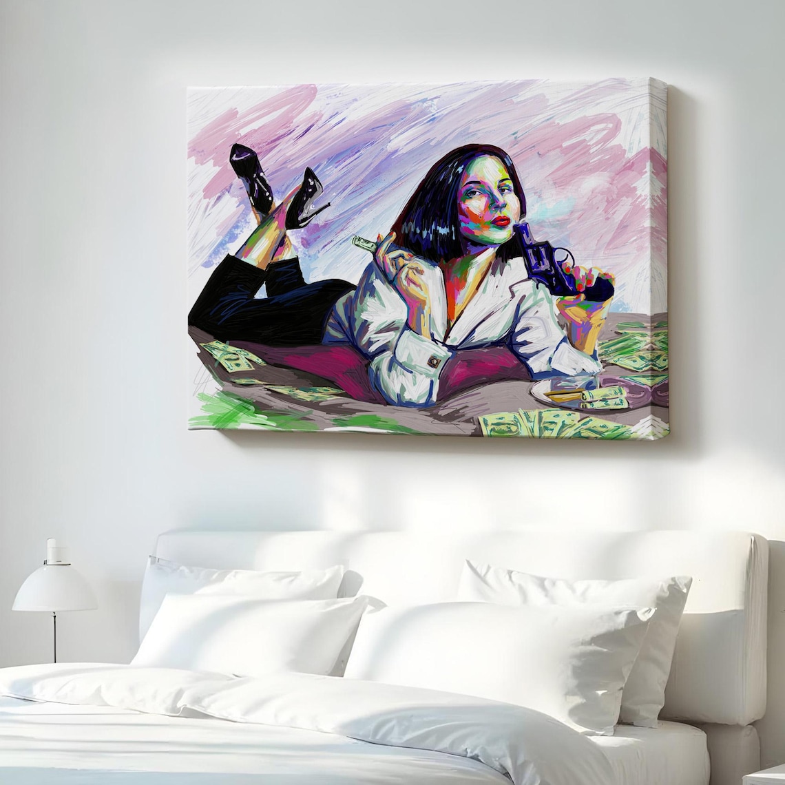 Bold Colorful Pop Art Woman With Gun Money Neon Portrait Poster
