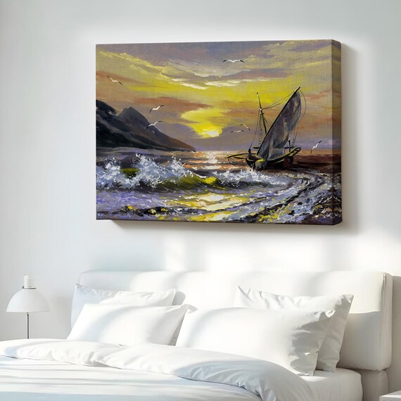 Sunset Sailboat on Golden Ocean Seascape Oil Painting Nautical Wall Art