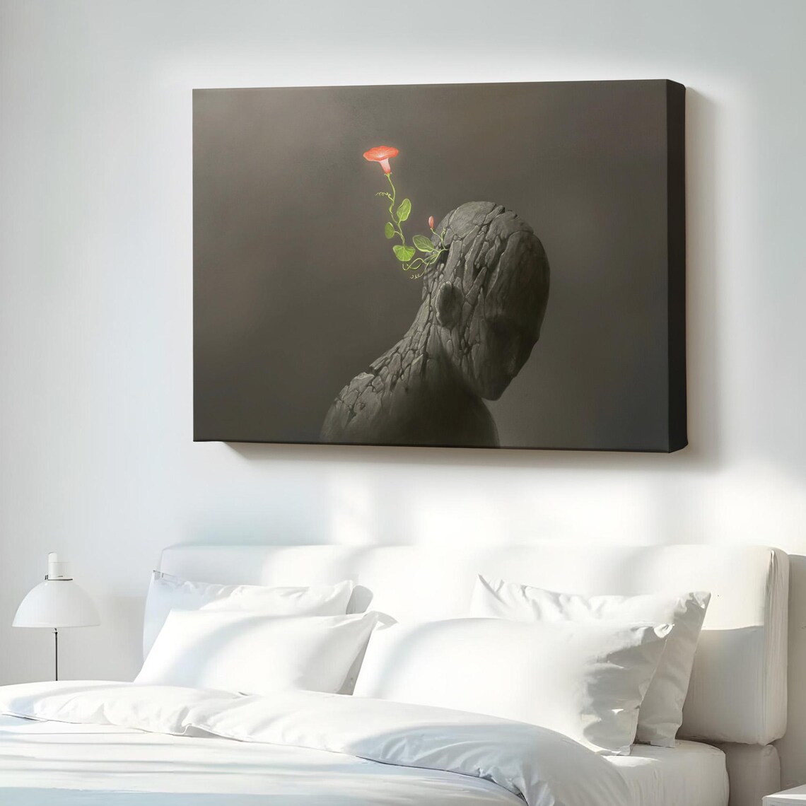 Stone Figure With Red Flower Surreal Mind Growth Dark Contrast Art Poster