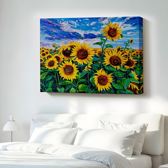 Sunflower Field Under Bright Blue Sky Oil Painting Style Poster