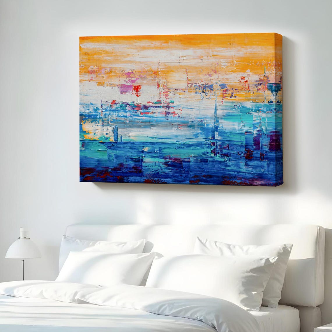 Golden Sunset Blue Sea Abstract Boats Painting Modern Poster Art