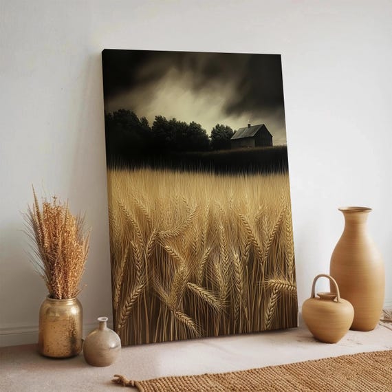 Rustic Wheat Field Canvas Wall Art Moody Landscape With Cabin And Stormy Sky Framed Farmhouse Print For Cozy Modern Country Interiors