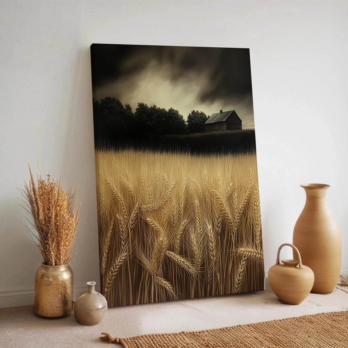 Golden Wheat Field Barn Stormy Sky Dramatic Farmhouse Art Poster