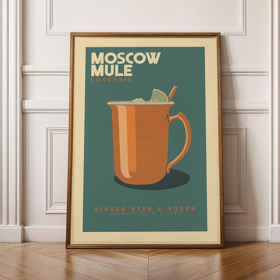 Moscow Mule Cocktail Copper Mug Ginger Vintage Recipe Bar Poster