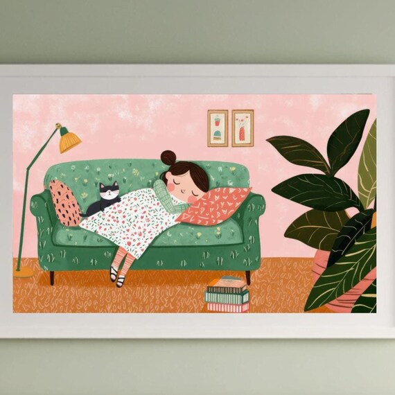 Sleeping Girl With Black Cat on Green Sofa Cozy Illustration Poster