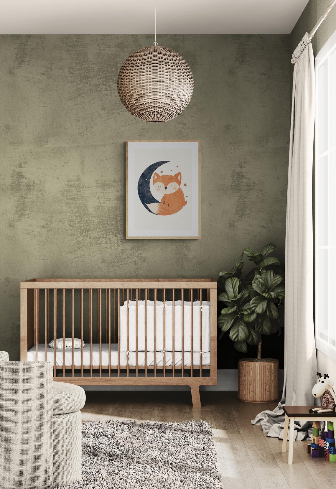 Sleeping Fox And Crescent Moon Stars Cute Nursery Animal Wall Art Print - Image 2
